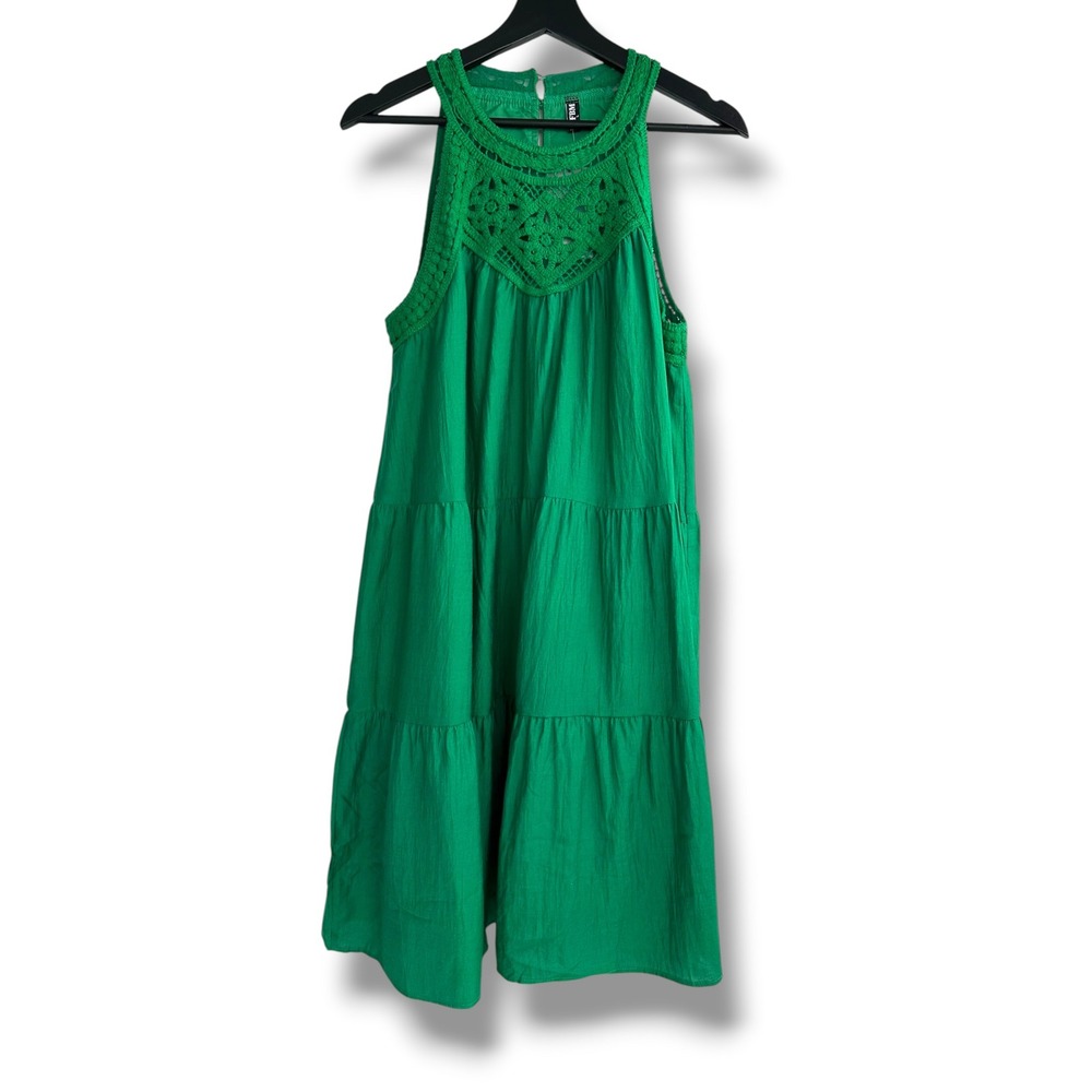 BTFBM Womens Green Tiered Halter Mini Dress Crochet Lace Yoke Sleeveless Size L